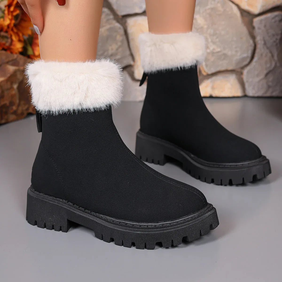 Square-heeled Snow Boots Winter Plus Velvet Platform Plush Shoes Fashion Warm Non-slip Mid-calf Boot For Women - DanaFashionstore