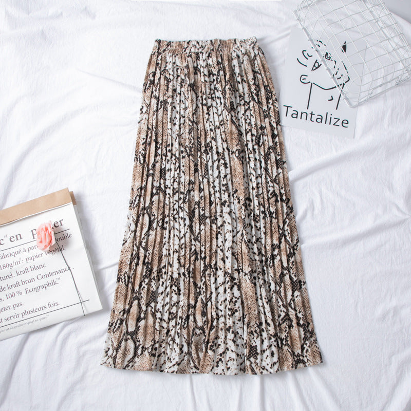 European And American Snake Print Pleated Skirt With High Waist And Slimming
