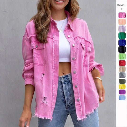 Fashion Ripped Shirt Jacket Female Autumn And Spring Casual Tops Womens Clothing - DanaFashionstore