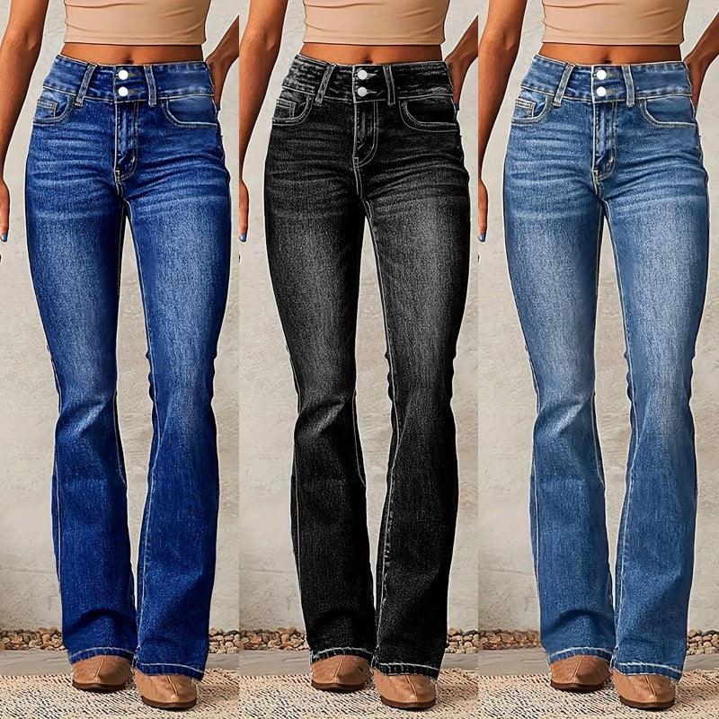 Skinny Flared Jeans With Pockets Fashion Button Zipper Trousers Women's Slim Denim Pants - DanaFashionstore