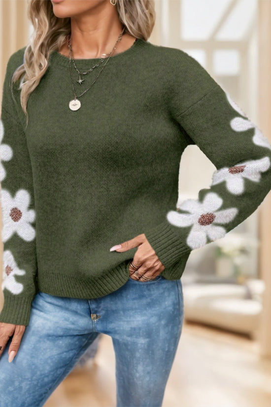 Floral Pattern Drop Shoulder Sweater,Long Sleeve Tops