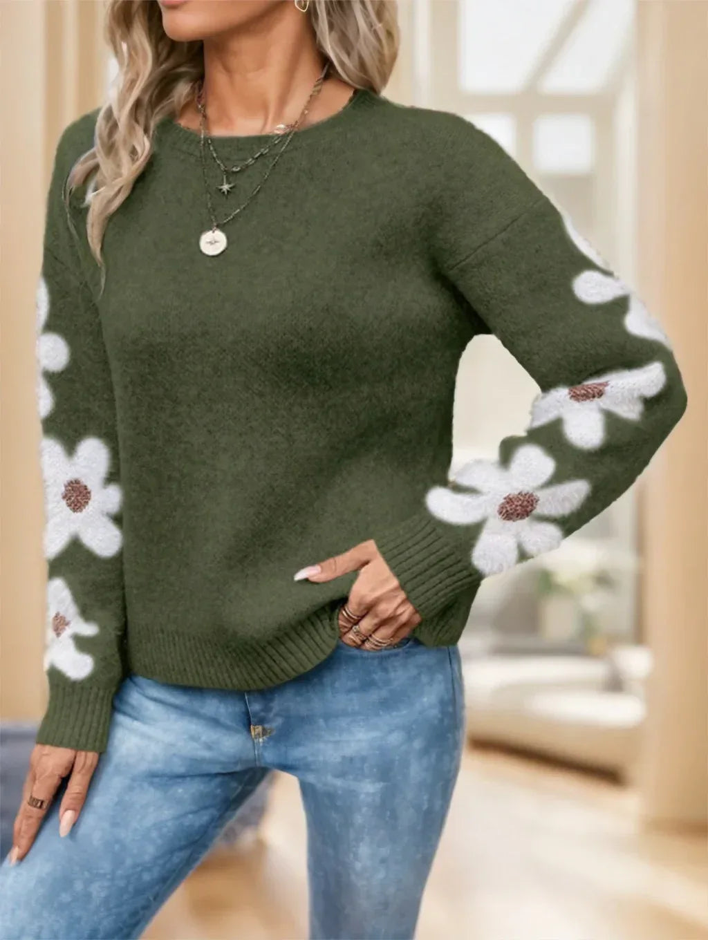Floral Pattern Drop Shoulder Sweater,Long Sleeve Tops - DanaFashionstore