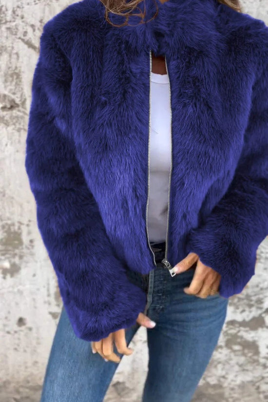 Fashion Stand Collar Plush Jacket Winter Casual Turtleneck Zipper Coat Fleece Tops Women's Clothing