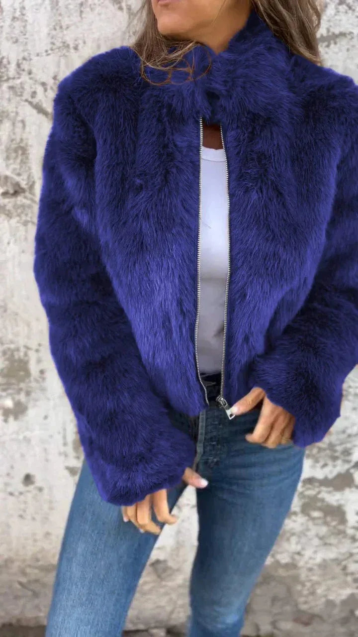 Fashion Stand Collar Plush Jacket Winter Casual Turtleneck Zipper Coat Fleece Tops Women's Clothing - DanaFashionstore