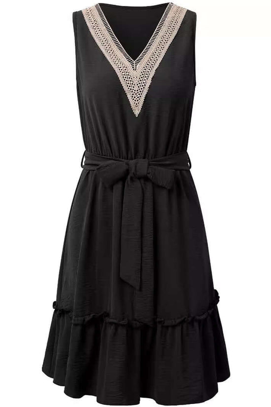 V-neck Sleeveless Lace Waist Dress $39.50 Dana Fashion Color: Black Size: L Women's clothing Product information: Color: black, blue, green Waist Type: Mid waist Size: S,M,L,XL Popular elements: lace Main fabric composition: Polyester Sleeve length: sleev