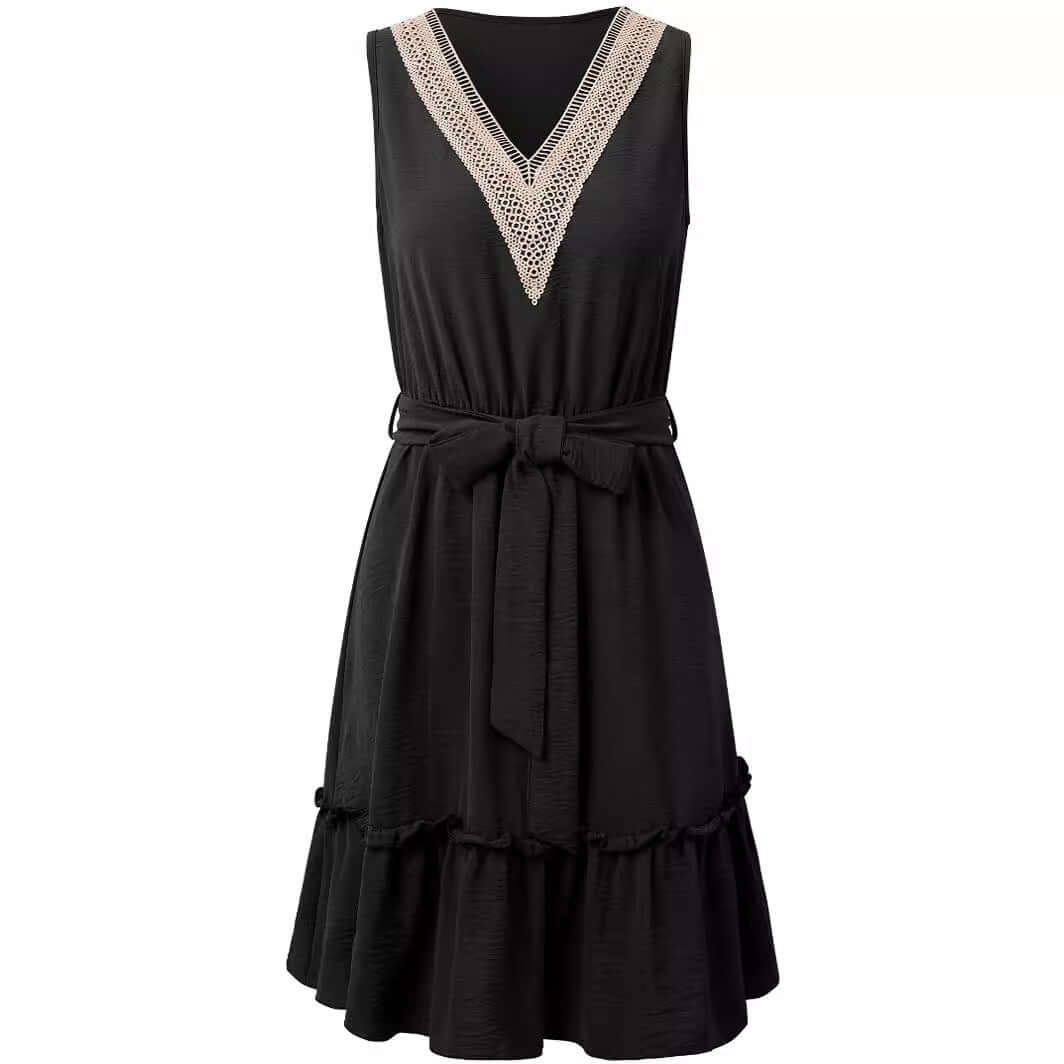 V-neck Sleeveless Lace Waist Dress $39.50 Dana Fashion Color: Black Size: L Women's clothing Product information: Color: black, blue, green Waist Type: Mid waist Size: S,M,L,XL Popular elements: lace Main fabric composition: Polyester Sleeve length: sleev