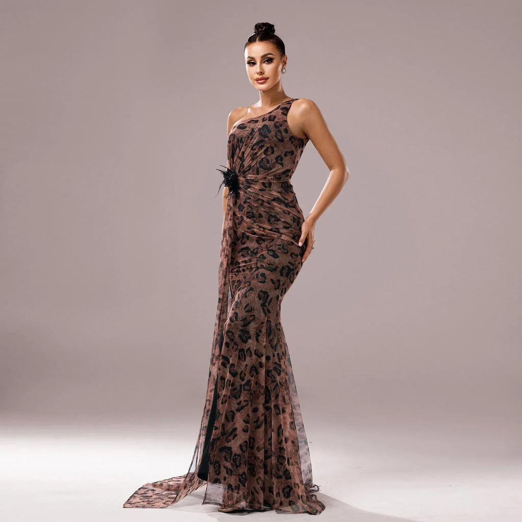 One-shoulder Diagonal Collar Leopard Sequined Evening Dress - DanaFashionstore