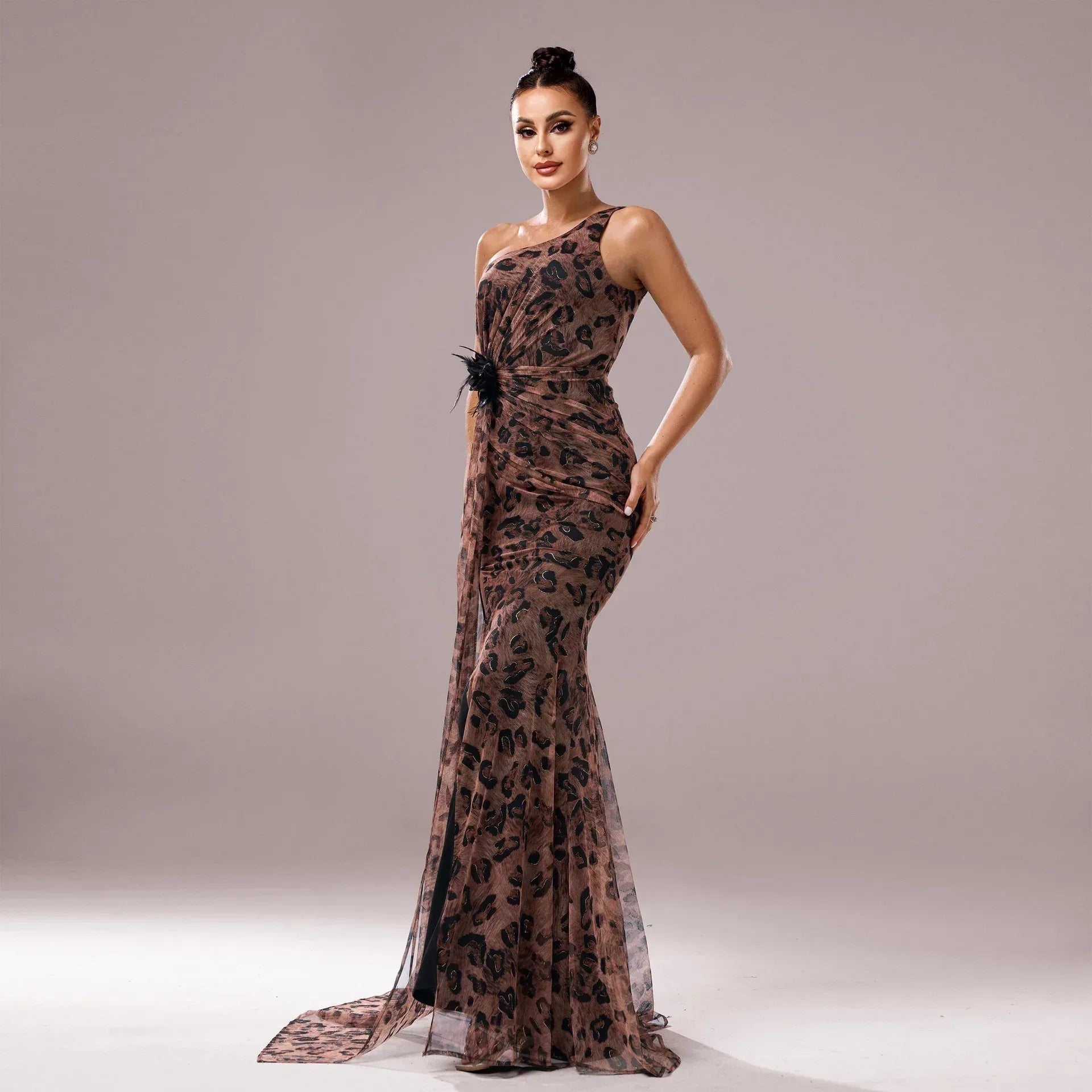 One-shoulder Diagonal Collar Leopard Sequined Evening Dress - DanaFashionstore
