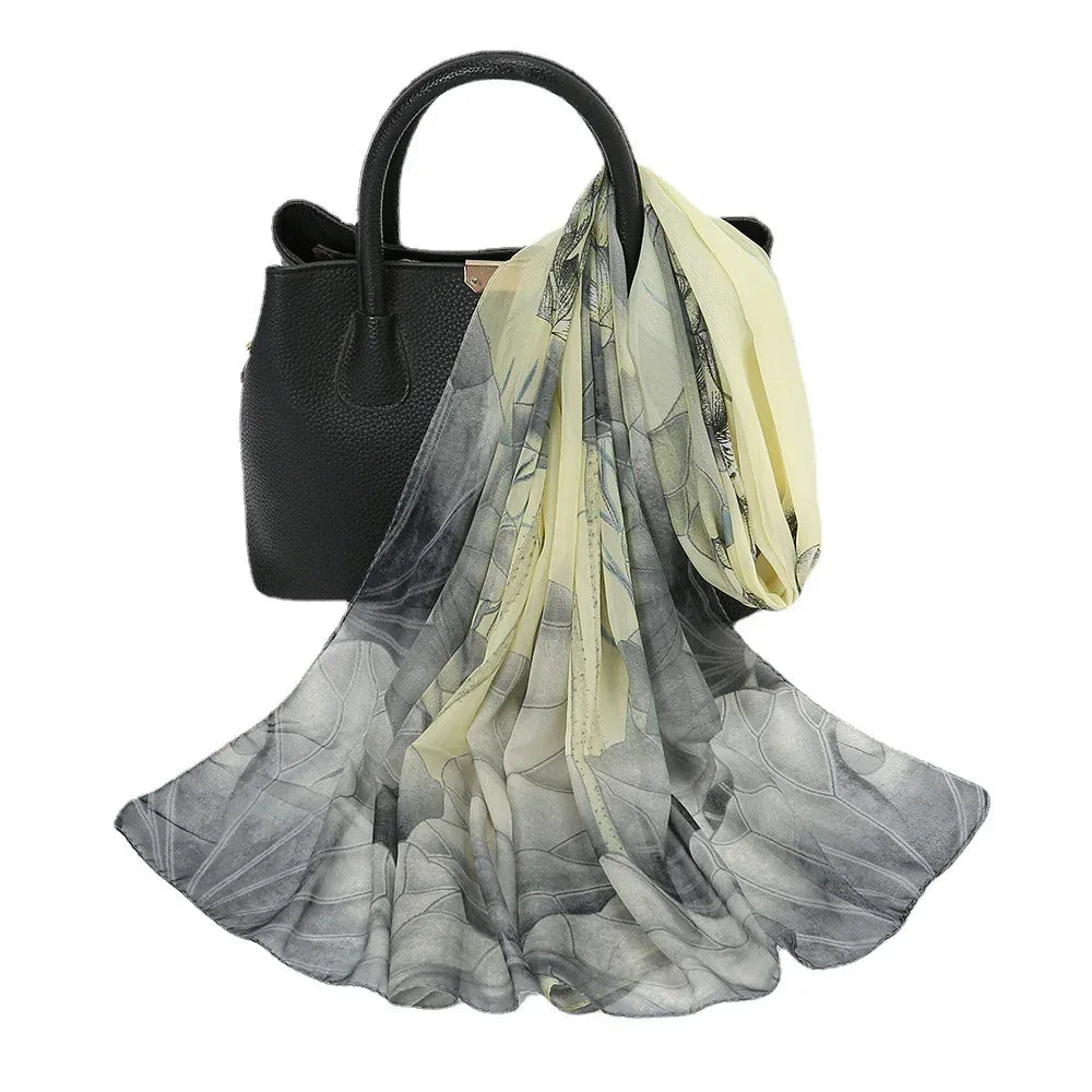 Thin Chiffon Lotus Pond Moonlight Printed Silk Scarf - DanaFashionstore