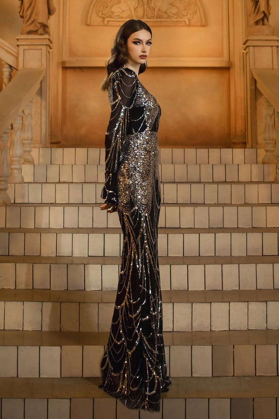 Long Sleeve Round Neck Slim-fit Sheath Sequined Banquet Fishtail Evening Dress $132.98 Dana Fashion Color: Black And Silver Size: L Women's clothing Product information: Pattern: solid color Skirt type: hip skirt Color: Black Silver Waist type: high waist