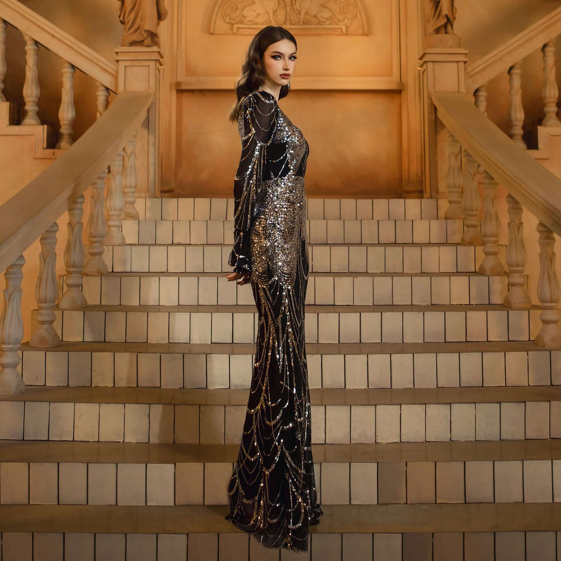 Long Sleeve Round Neck Slim-fit Sheath Sequined Banquet Fishtail Evening Dress $132.98 Dana Fashion Color: Black And Silver Size: L Women's clothing Product information: Pattern: solid color Skirt type: hip skirt Color: Black Silver Waist type: high waist