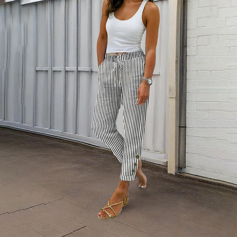 Women's Striped Elastic Waist Pants - Button Accent With Pockets, Casual Comfort Trousers For Spring&Fall - Dana Fashion