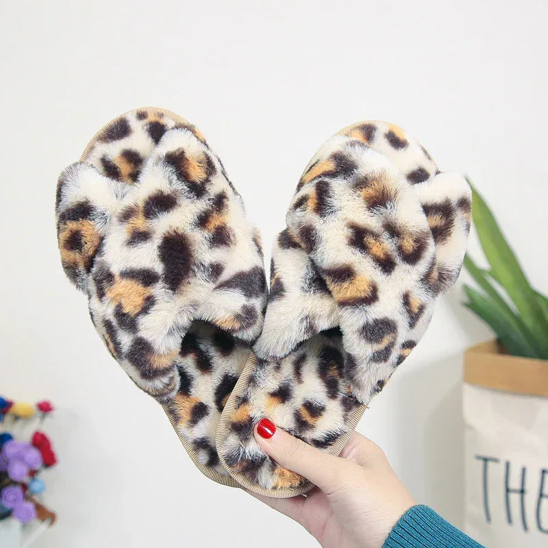 Cross-strap Fuzzy Slippers Leopard Plush House Shoes Flat Bedroom Slippers Slippers For Women - DanaFashionstore