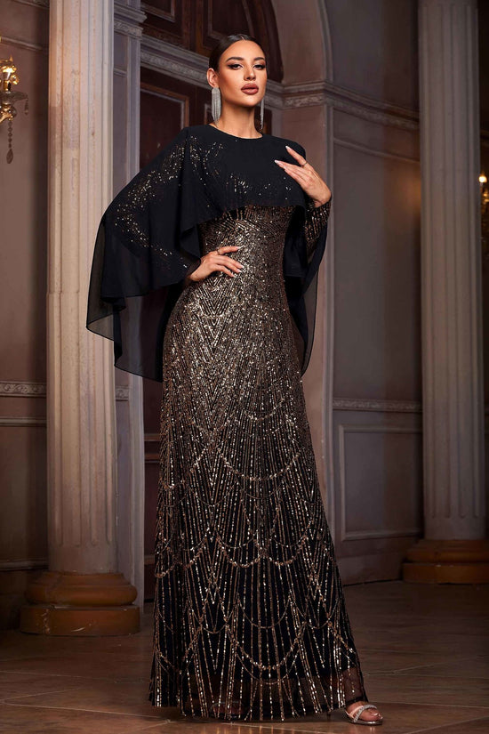 Elegant Long Sleeve Round Neck Shawl Banquet Sequined A- Line Evening Dress