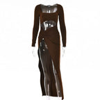 Womens Clothing Long Sleeve Dress Fashion Hollow U-neck Split Dress Party Wedding - DanaFashionstore