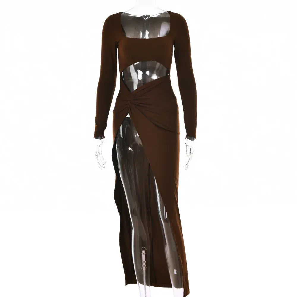 Womens Clothing Long Sleeve Dress Fashion Hollow U-neck Split Dress Party Wedding - DanaFashionstore