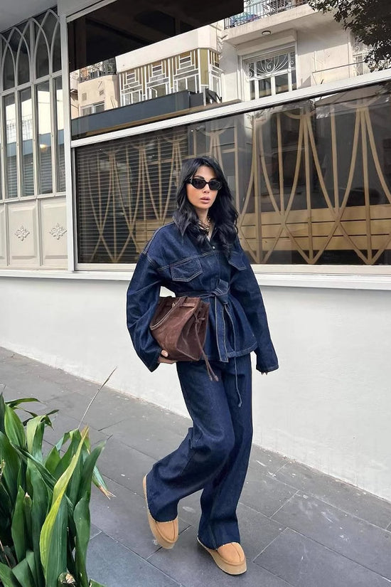 Women's Retro Waist Lace-up Waist-controlled Lapel Denim Coat Trousers Set