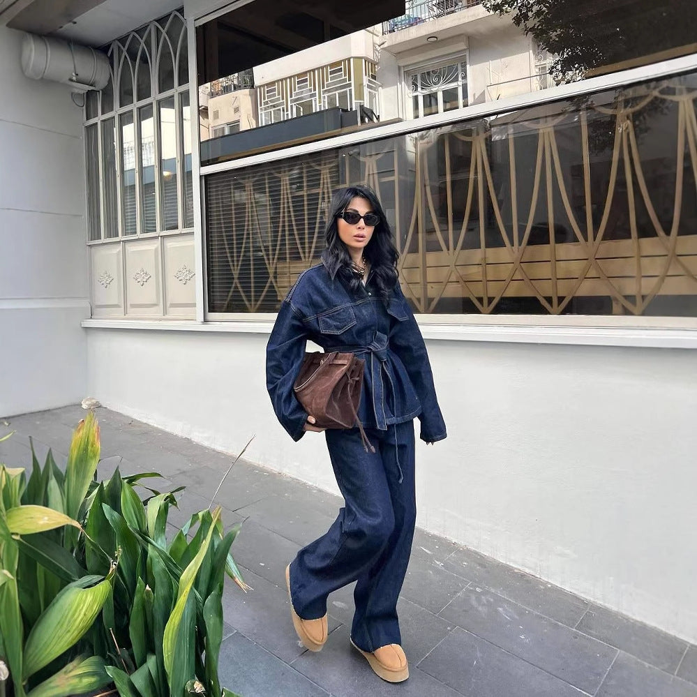 Women's Retro Waist Lace-up Waist-controlled Lapel Denim Coat Trousers Set