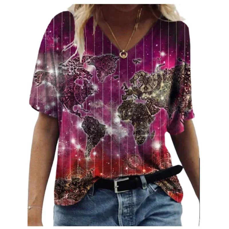 Map Print V-Neck Short-Sleeved T-Shirt - DanaFashionstore