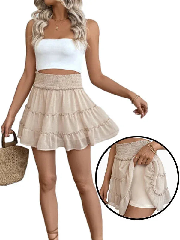 Casual Vacation Style Pleated Pure Color Elastic Waist Skirt For Women - DanaFashionstore