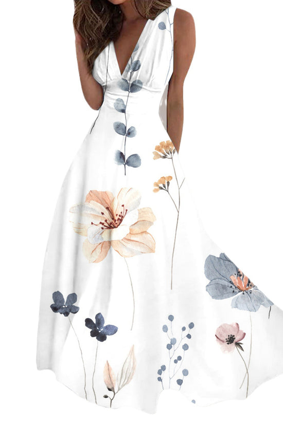 Women's Digital Printing Fashion V-neck Swing Long Dress