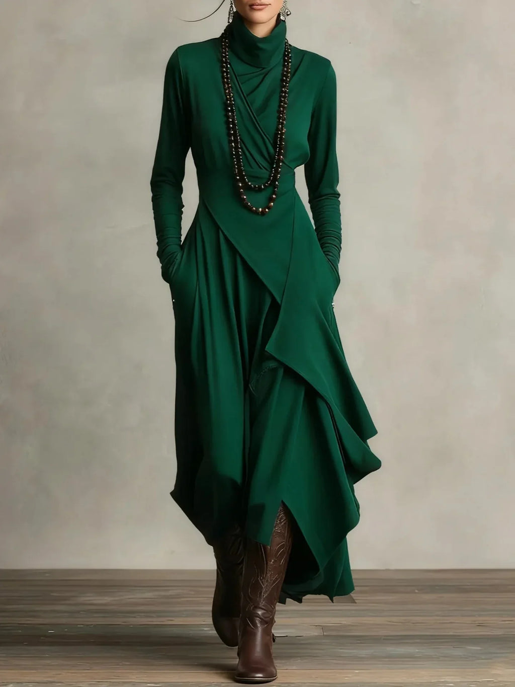 Women's Solid Color Cross-sleeve High-neck Dress - DanaFashionstore