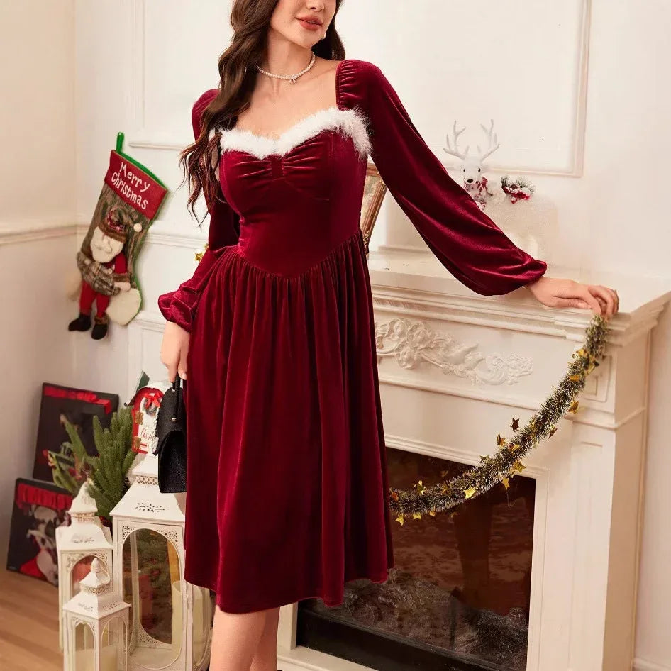 Women's Vintage Christmas Party Long Sleeve Red Velvet Dress Square Collar Dress Elegant Slimming Waist Autumn Women's Clothing - DanaFashionstore