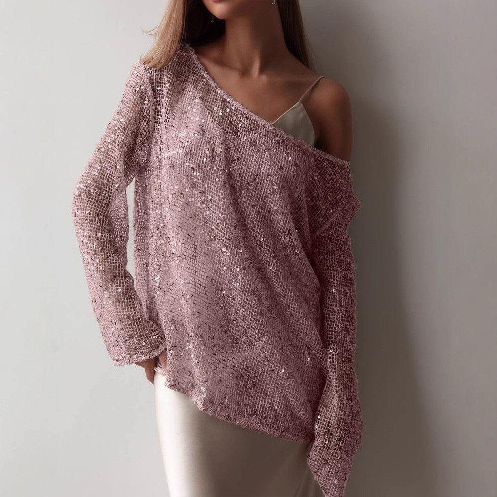 European And American Long Sleeve Hollow Loose Pullover Sequined Top Women's Clothing