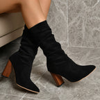 Women's Pointed Toe Block Heel Boots - Winter Suede Mid-Calf Boots