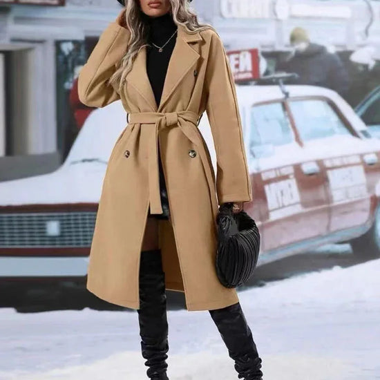 Lapel Double-breasted Trench Coat With Belt Winter Fashion Solid Color Long Jacket Outwear Women Clothing - DanaFashionstore