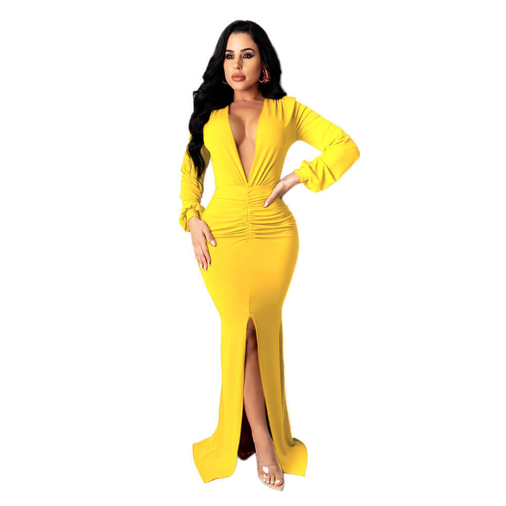 Women's Large V-neck Slim-fit Nightclub Evening Dress $36.56 Dana Fashion Color: Yellow Size: L Women's clothing Product information: Color: yellow, orange, red, black Waist type: high waist Size: S,M,L,XL,XXL Sleeve type: regular sleeve Main fabric compo