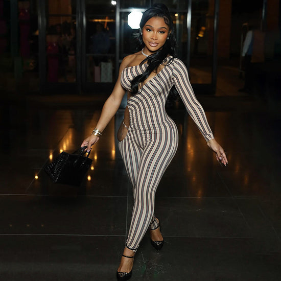 Women's Stretch Striped Slim-fit Hollow-out Jumpsuit