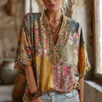 Flower Vintage Tie-dye V-neck Short-sleeve Shirt - DanaFashionstore
