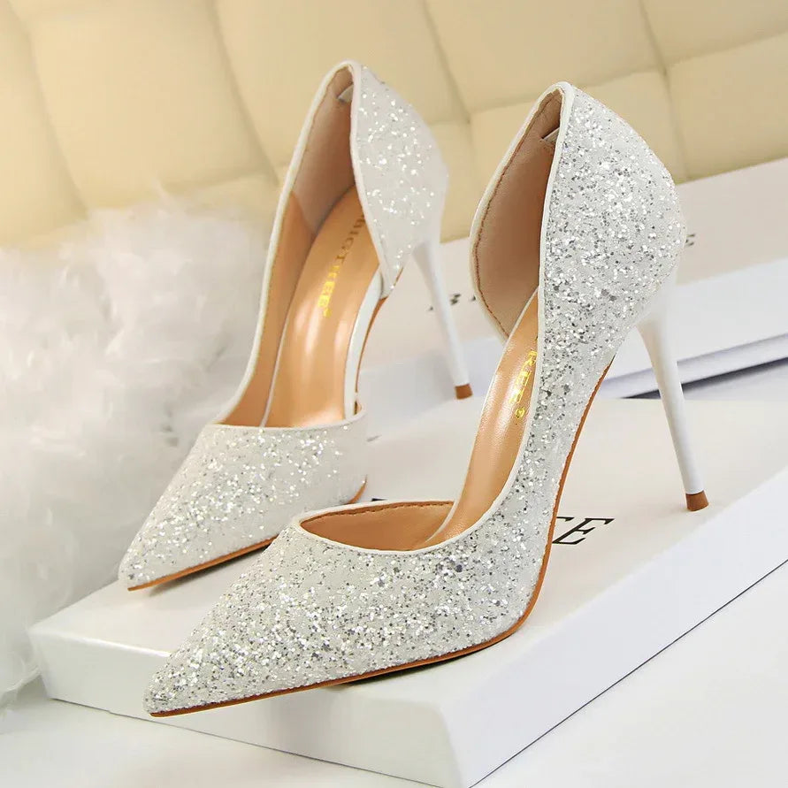 Skinny Women's Shoes Stiletto Heel Shallow Mouth Pointed Side Hollow-out Sequin - DanaFashionstore