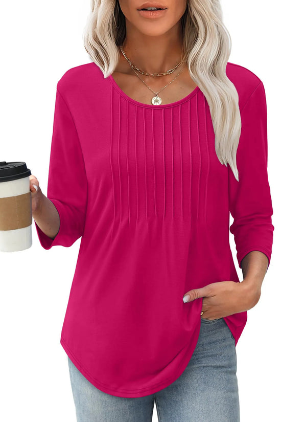 Women's Long Sleeve Top Fashion Casual Pleated Low Round Neck