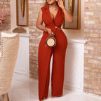 Elegant Elegant Suit Collar Tight Waist Chain Loose Wide Leg Jumpsuit - DanaFashionstore