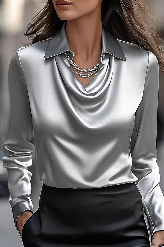 Women's Swing Collar Draped Shirts & Blouses Elegant Solid Satin Office Ladies Top Pullover Spring Long Sleeve Casual Tops - DanaFashionstore