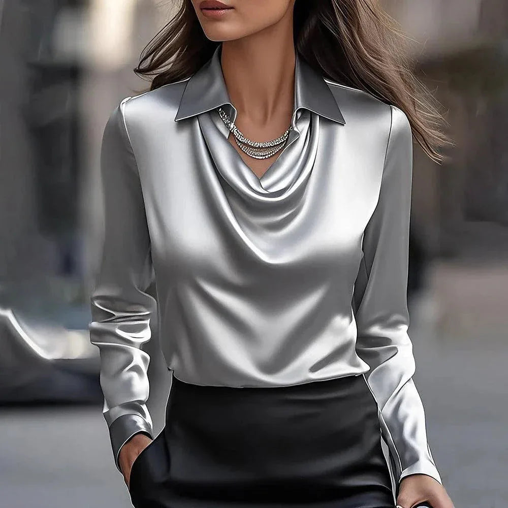 Women's Swing Collar Draped Shirts & Blouses Elegant Solid Satin Office Ladies Top Pullover Spring Long Sleeve Casual Tops - DanaFashionstore