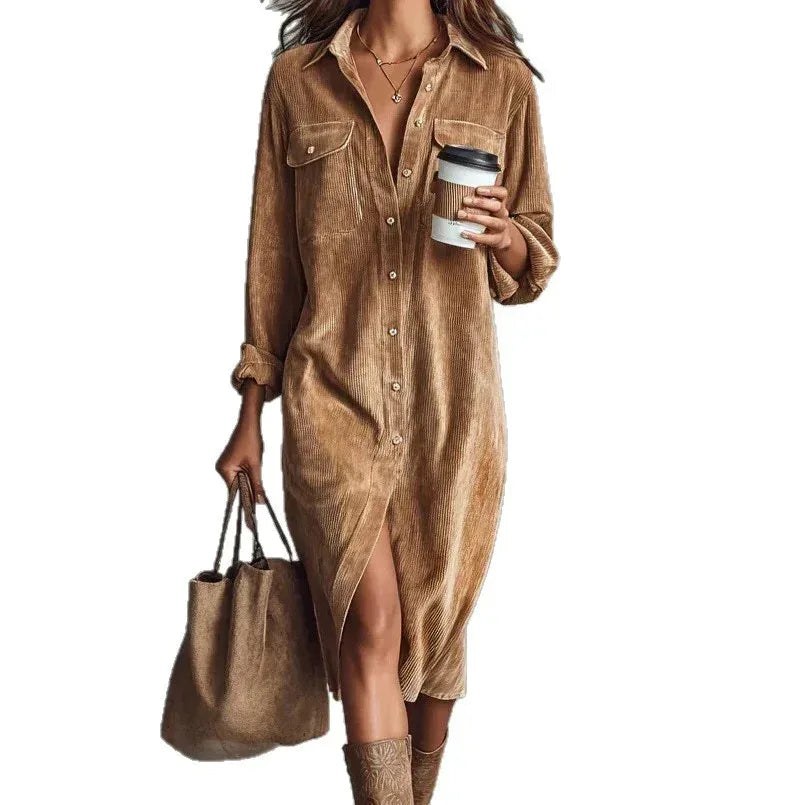 Turn-Down Collar Buttons Chic Casual Dress, Women Spring Autumn Solid Simple Party Dress, Long Sleeve Holiday Ladies Dress - DanaFashionstore