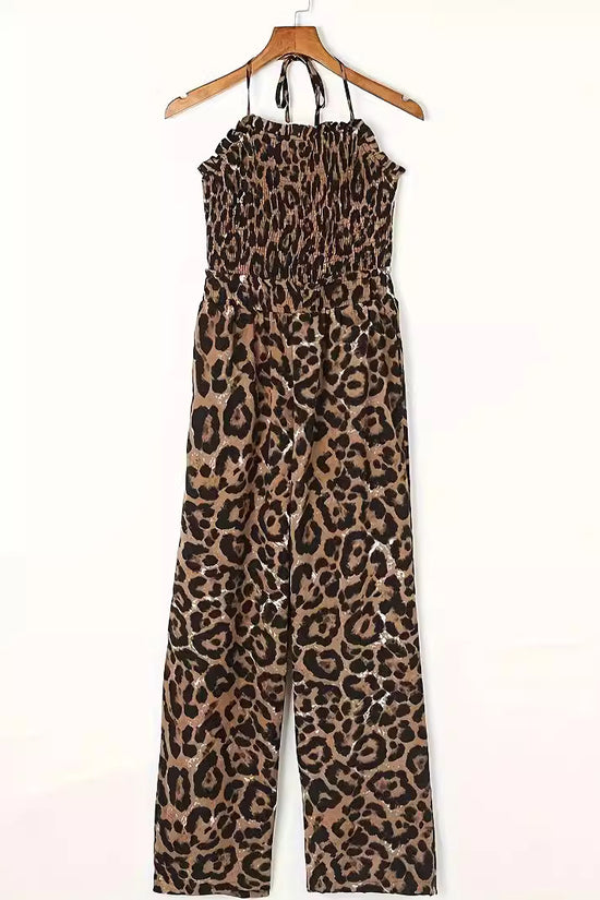 Women's Leopard Print Halter Backless Jumpsuit