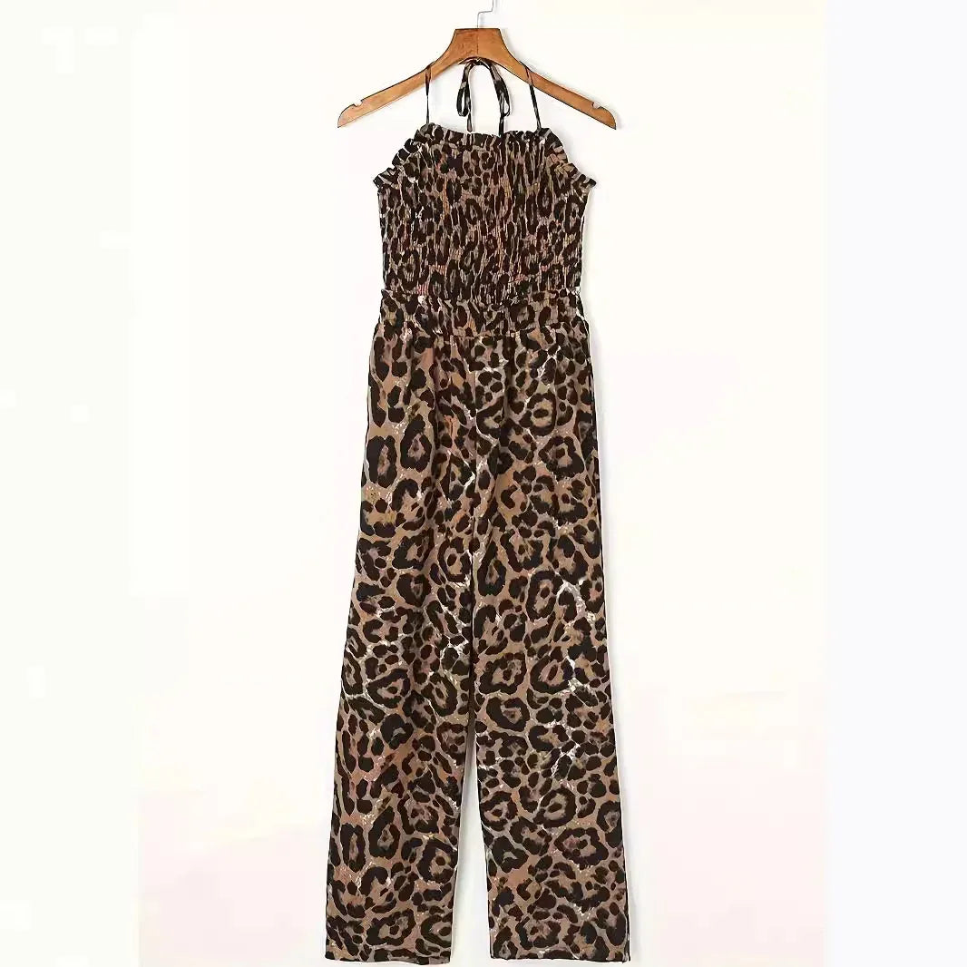 Women's Leopard Print Halter Backless Jumpsuit - DanaFashionstore