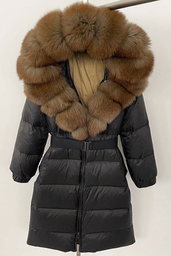 Women's Long Cinched Hoodie Real Fox Fur Collar Coat
