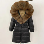 Women's Long Cinched Hoodie Real Fox Fur Collar Coat 2026 - Winter Jacket - DanaFashionstore