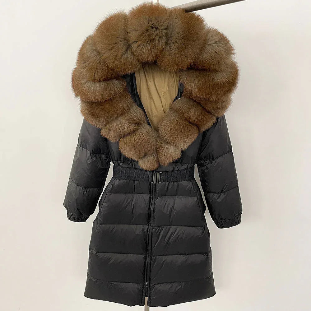 Women's Long Cinched Hoodie Real Fox Fur Collar Coat 2026 - Winter Jacket - DanaFashionstore