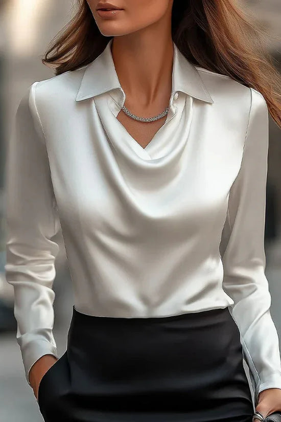 Women's Swing Collar Draped Shirts & Blouses Elegant Solid Satin Office Ladies Top Pullover Spring Long Sleeve Casual Tops - DanaFashionstore