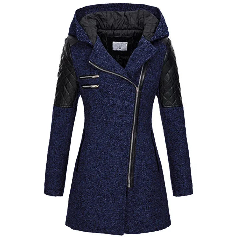 Women Warm Slim Full Zipper Coat Thick Woolen Coat Female Fall Winter Windbreaker Hooded Diagonal Zipper Women's Clothing - DanaFashionstore