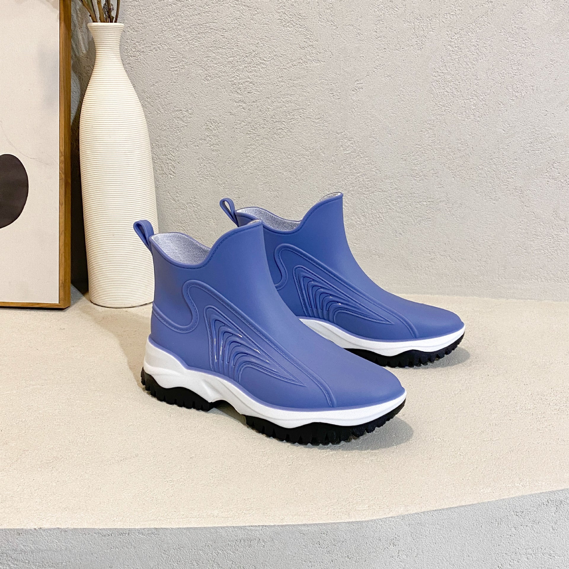 Fashion Color Blocking Thick Sole Low Top Women's Rain Boots