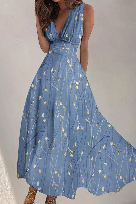 Women's Digital Printing Fashion V-neck Swing Long Dress