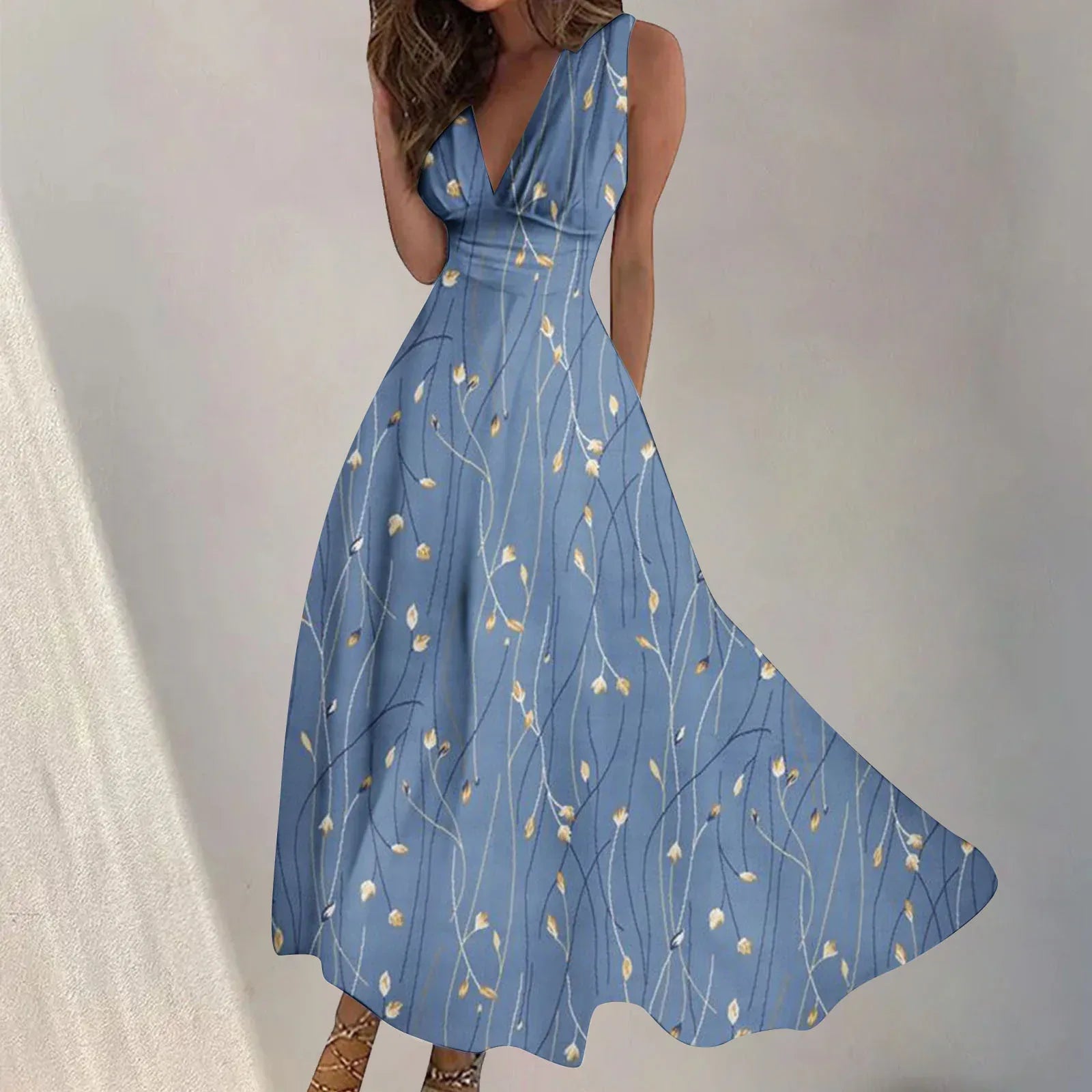 Digital Print V-Neck Swing Dress 2026 - Fashion Long Dress - DanaFashionstore