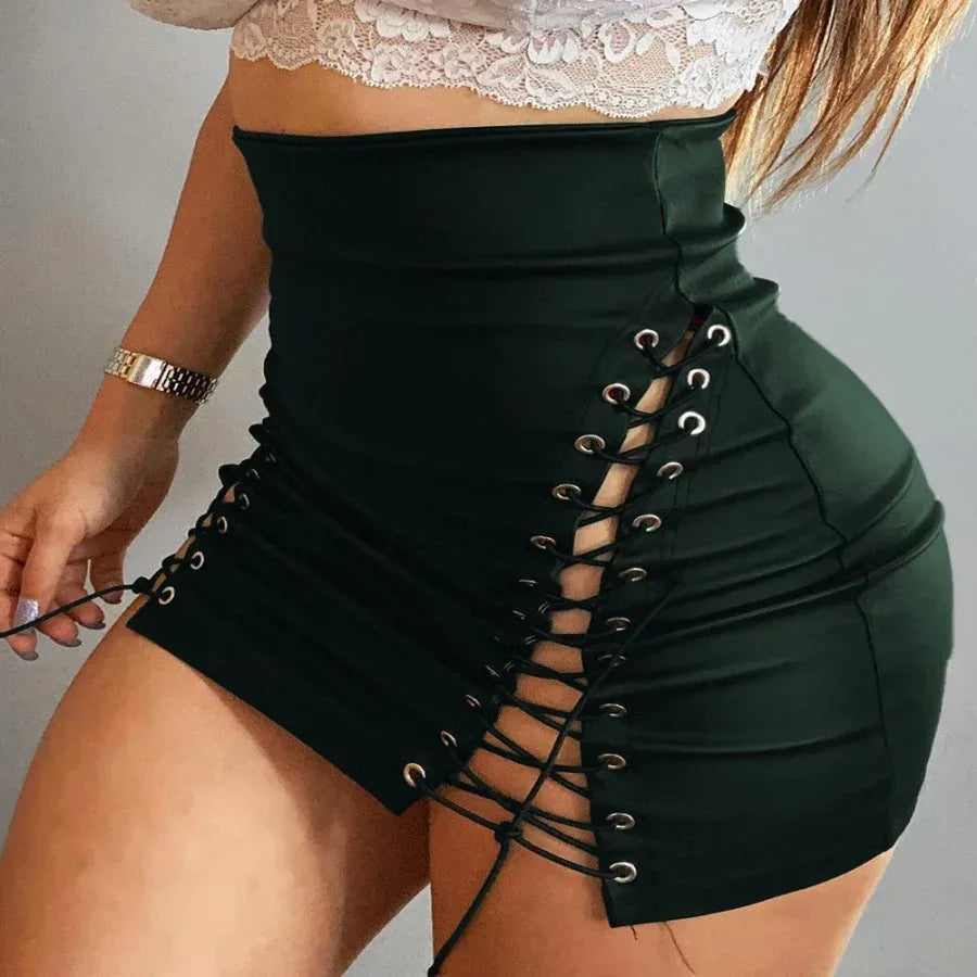 Women's High Waist Side Lace-up Tight Leather Skirt - DanaFashionstore